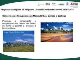Projetos Estratégicos do Programa Qualidade Ambiental - PPAG 2012 à 2015


 Conservação e Recuperação da Mata Atlântica, Cerrado e Caatinga

 Promover      a  conservação   e
                                        Parque Estadual Serra das Araras
 recuperação dos biomas do Estado
 de forma a garantir a proteção à
 biodiversidade.
  Parque Estadual de Serra Nova
 