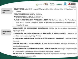 BOLSA VERDE: edital 2010 - pago a 674 proprietários R$5,5 milhões. Edital 2011 publicado em
Resultados
2011                análise
                RECUPERAÇÃO MATA NATIVA: 15.284 ha

                ÁREAS PROTEGIDAS CRIADAS: 346.676 ha

                PLANO DE MELHORIA DOS PARQUES DA COPA: PE Rio Doce, Ibitipoca, Rio Preto, Serra
                    Rola Moça, Itacolomi, Sumidouro, Biribiri e Monumentos Naturais Estaduais Peter Lund ,
                    Gruta Rei do Mato

               IMPLANTAÇÃO DE CORREDORES ECOLÓGICOS: 50.0000 ha de corredores identificados.

Planejamento
               Implantação 2013;
2012           ELABORAÇÃO DO PLANO ESTADUAL DE PROTEÇÃO A BIODIVERSIDADE:                      realização de
               workshops e elaboração do plano preliminar;
               PLANO DE INSTRUMENTOS DE PAGAMENTO POR SERVIÇOS AMBIENTAIS : plano de trabalho
               elaborado;
               SISTEMA INTEGRADO DE INFORMAÇÃO SOBRE BIODIVERSIDADE: realização de oficinas e
               formalização de parcerias;
               BOSQUES MODELO DO PANDEIROS E SERRA DA MANTIQUEIRA: mobilização e implementação
               de 4 comunidades, captação de recursos (humanos, financeiros, materiais);
               IMPLANTAÇÃO DE UNIDADES DE CONSERVAÇÃO: plano de implantação e contratação projeto executivo
               da UC Pau Furado para obras em 2013.
 