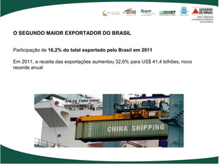 O SEGUNDO MAIOR EXPORTADOR DO BRASIL


Participação de 16,2% do total exportado pelo Brasil em 2011

Em 2011, a receita das exportações aumentou 32,6% para US$ 41,4 bilhões, novo
recorde anual
 