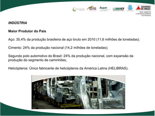 INDÚSTRIA

Maior Produtor do País

Aço: 35,4% da produção brasileira de aço bruto em 2010 (11,6 milhões de toneladas);

Cimento: 24% da produção nacional (14,2 milhões de toneladas);

Segundo polo automotivo do Brasil: 24% da produção nacional, com expansão da
produção do segmento de caminhões;

Helicópteros: Único fabricante de helicópteros da América Latina (HELIBRAS).
 