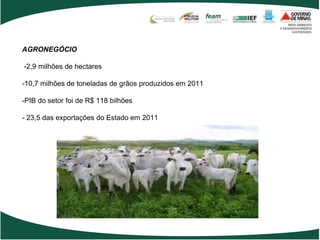 AGRONEGÓCIO

-2,9 milhões de hectares

-10,7 milhões de toneladas de grãos produzidos em 2011

-PIB do setor foi de R$ 118 bilhões

- 23,5 das exportações do Estado em 2011
 