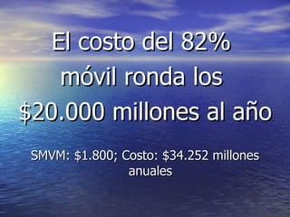 El costo del 82%  móvil ronda los  $20.000 millones al año SMVM: $1.800; Costo: $34.252 millones anuales 
