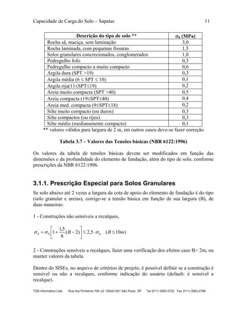 Capacidade de Carga do Solo – Sapatas 11
TQS Informática Ltda Rua dos Pinheiros 706 c/2 05422-001 São Paulo SP Tel (011) 3083-2722 Fax (011) 3083-2798
Descrição do tipo de solo ** 0 (MPa)
Rocha sã, maciça, sem laminação 3,0
Rocha laminada, com pequenas fissuras 1,5
Solos granulares concrecionados, conglomerados 1,0
Pedregulho fofo 0,3
Pedregulho compacto a muito compacto 0,6
Argila dura (SPT >19) 0,3
Argila média (6  SPT  10) 0,1
Argila rija(11SPT19) 0,2
Areia muito compacta (SPT >40) 0,5
Areia compacta (19SPT40) 0,4
Areia med. compacta (9SPT18) 0,2
Silte muito compacto (ou duros) 0,3
Silte compactos (ou rijos) 0,3
Silte médio (medianamente compacto) 0,1
** valores válidos para largura de 2 m, em outros casos deve-se fazer correção
Tabela 3.7 – Valores das Tensões básicas (NBR 6122:1996)
Os valores da tabela de tensões básicas devem ser modificados em função das
dimensões e da profundidade do elemento de fundação, além do tipo de solo, conforme
prescrições da NBR 6122:1996.
3.1.1. Prescrição Especial para Solos Granulares
Se solo abaixo até 2 vezes a largura da cota de apoio do elemento de fundação é do tipo
(solo granular e areias), corrige-se a tensão básica em função de sua largura (B), de
duas maneiras:
1 - Construções não sensíveis a recalques,
)10(5,2)2(
8
5,1
1 00
'
0 mBB 





 
2 - Construções sensíveis a recalques, fazer uma verificação dos efeitos caso B> 2m, ou
manter valores da tabela.
Dentro do SISEs, no arquivo de critérios de projeto, é possível definir se a construção é
sensível ou não a recalques, conforme indicação do usuário (default: é sensível a
recalque).
 