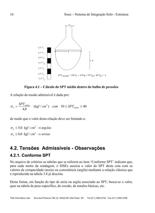16 Sises – Sistema de Integração Solo - Estrutura
TQS Informática Ltda Rua dos Pinheiros 706 c/2 05422-001 São Paulo SP Tel (011) 3083-2722 Fax (011) 3083-2798
Figura 4.1 – Cálculo do SPT médio dentro do bulbo de pressões
A relação da tensão admissível é dada por:
4010)/(
0,4
2
 médio
médio
a SPTcomcmkgf
SPT

de modo que o valor desta relação deve ser limitado a:
ilascmkgfa arg/0,5 2

areiascmkgfa  2
/0,8
4.2. Tensões Admissíveis - Observações
4.2.1. Conforme SPT
No arquivo de critérios as tabelas que se referem ao item ‘Conforme SPT’ indicam que,
para cada metro da sondagem, o SISEs associa o valor do SPT desta cota com os
valores de compacidade (areia) ou consistência (argila) mediante a relação clássica que
é reproduzida na tabela 3.8 já descrita.
Desta forma, em função do tipo de areia ou argila associado ao SPT, busca-se o valor,
quer na tabela de peso específico, de coesão, de tensões básicas, etc.
 