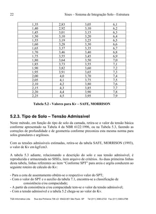 22 Sises – Sistema de Integração Solo - Estrutura
TQS Informática Ltda Rua dos Pinheiros 706 c/2 05422-001 São Paulo SP Tel (011) 3083-2722 Fax (011) 3083-2798
1,35 2,83 3,05 6,1
1,40 2,92 3,10 6,2
1,45 3,01 3,15 6,3
1,50 3,10 3,20 6,4
1,55 3,19 3,25 6,5
1,60 3,28 3,30 6,6
1,65 3,37 3,35 6,7
1,70 3,46 3,40 6,8
1,75 3,55 3,45 6,9
1,80 3,64 3,50 7,0
1,85 3,73 3,55 7,1
1,90 3,82 3,60 7,2
1,95 3,91 3,65 7,3
2,00 4,0 3,70 7,4
2,05 4,1 3,75 7,5
2,10 4,2 3,80 7,6
2,15 4,3 3,85 7,7
2,20 4,4 3,90 7,8
2,25 4,5 3,95 7,9
Tabela 5.2 - Valores para Kv – SAFE, MORRISON
5.2.3. Tipo de Solo – Tensão Admissível
Neste método, em função do tipo de solo da camada, retira-se o valor da tensão básica
conforme apresentado na Tabela 4 da NBR 6122:1996, ou na Tabela 5.3, fazendo as
correções de profundidade e de geometria conforme preconiza esta mesma norma para
solos granulares e argilosos.
Com as tensões admissíveis estimadas, retira-se da tabela SAFE, MORRISON (1993),
o valor de Kv em kgf/cm3.
A tabela 5.3 adiante, relacionando a descrição do solo e sua tensão admissível, é
reproduzida e armazenada no SISEs, item arquivo de critérios. As duas primeiras linhas
desta tabela, linhas referentes ao item “Conforme SPT” para areia e argila conduzem ao
seguinte roteiro de cálculo do Kv:
- Para a cota de assentamento obtém-se o respectivo valor do SPT;
- Com o valor do SPT e o auxílio da tabela 7.1, encontra-se a classificação de
consistência e/ou compacidade;
- A partir da consistência e/ou compacidade tem-se o valor da tensão admissível;
- Com a tensão admissível e a tabela 5.2 chega-se ao valor do Kv.
 