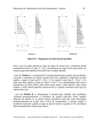 Mecanismo de Transferência Axial de Carregamento – Estacas 39
TQS Informática Ltda Rua dos Pinheiros 706 c/2 05422-001 São Paulo SP Tel (011) 3083-2722 Fax (011) 3083-2798
Figura 8.3 – Diagramas de atrito lateral específico.
Para o caso de carga aplicada no topo da estaca for menor que a resistência lateral
acumulada do fuste, ou seja, P < PL, a transferência de cargas locais para trechos de
estacas, segue duas hipóteses de acordo com o modelo adotado:
- caso for Modelo A, o carregamento P somente passará para camadas mais profundas,
vencendo a resistência de ruptura contato fuste-solo, podendo-se subdividir em duas
regiões: a região A onde vale P - PL(z) > 0 e a região C onde vale P – PL(z) < 0, e
entre estas duas regiões, o ponto B, onde P - PL(z) = 0 é a profundidade onde cessa a
transferência de atrito lateral, onde abaixo desse ponto o atrito lateral é nulo. Neste
modelo, o atrito lateral específico desenvolvido é a própria resistência local Q(z) de
ruptura fuste-solo.
- caso for Modelo B, o carregamento P passará para camadas mais profundas,
vencendo proporcionalmente a resistência do contato fuste-solo. Neste modelo,
diferente do modelo A, os atritos laterais específicos fuste-solo serão distribuídos
proporcionalmente de acordo com o nível de carregamento e somente atingirá a
resistência local Q(z) quando a carga no topo da estaca se igualar ao PL (resistência
lateral acumulada do contato fuste-estaca).
 