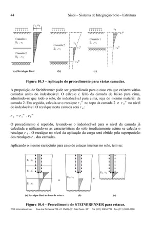 44 Sises – Sistema de Integração Solo - Estrutura
TQS Informática Ltda Rua dos Pinheiros 706 c/2 05422-001 São Paulo SP Tel (011) 3083-2722 Fax (011) 3083-2798
Figura 10.3 – Aplicação do procedimento para várias camadas.
A proposição de Steinbrenner pode ser generalizada para o caso em que existem várias
camadas antes do indeslocável. O cálculo é feito da camada de baixo para cima,
admitindo-se que todo o solo, do indeslocável para cima, seja do mesmo material da
camada 2. Em seguida, calcula-se o recalque r i

no topo da camada 2 e r h

no nível
do indeslocável. O recalque nesta camada será r a :
r a = r i

- r h

O procedimento é repetido, levando-se o indeslocável para o nível da camada já
calculada e utilizando-se as características do solo imediatamente acima se calcula o
recalque r b . O recalque no nível da aplicação da carga será obtido pela superposição
dos recalques r i das camadas.
Aplicando o mesmo raciocínio para caso de estacas imersas no solo, tem-se:
Figura 10.4 – Procedimento de STEINBRENNER para estacas.
 