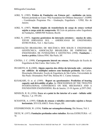 Bibliografia Consultada 69
TQS Informática Ltda Rua dos Pinheiros 706 c/2 05422-001 São Paulo SP Tel (011) 3083-2722 Fax (011) 3083-2798
AOKI, N. (1985). Prática de Fundações em Estacas pré - moldadas em terra.
Palestra proferida no Curso “Pile Foundation for Offshore Structures”, COPPE
- Coordenação Programas Pós - Graduação, Engenharia – UFRJ, Rio de
Janeiro.
AOKI, N. (1987). Modelo simples de transferência de carga de estaca vertical
sujeita a carga axial de compressão. III Ciclo de palestras sobre Engenharia
de Fundações, ABMS/NR Nordeste, Recife.
AOKI, N. (1997). Aspectos geotécnicos da interação estrutura – maciço de solos.
XXVIII JORNADAS SUL – AMERICANAS DE ENGENHARIA
ESTRUTURAL, Vol. 1. São Carlos.
ASSOCIAÇÃO BRASILEIRA DE MECÂNICA DOS SOLOS E ENGENHARIA
GEOTÉCNICA; ASSOCIAÇÃO BRASILEIRA DE EMPRESAS DE
ENGENHARIA DE FUNDAÇÕES E GEOTECNIA (1998). Fundações –
teoria e prática. Editora PINI. São Paulo, SP.
CINTRA, J. C. (1998). Carregamento lateral em estacas. Publicação da Escola de
Engenharia de São Carlos. São Carlos, SP.
IWAMOTO, R. K.(2000). Alguns aspectos dos efeitos da interação solo – estrutura
em edifícios de múltiplos andares com fundação profunda. São Carlos.
Dissertação (Mestrado). Escola de Engenharia de São Carlos, Universidade de
São Paulo. Orientadora: Profª Dra. Helena M. C. Carmo Antunes.
KUSAKABE, O. et. al. (1989). Report on questionnaire: Prediction of bearing
capacity and driveability of piles. In: PROCEEDINGS OF THE TWELPTH
INTERNATIONAL CONFERENCE ON SOIL MECHANICS AND A
FOUNDATION ENGINEERING. Rio de Janeiro, 13-18 Agosto. p.2957-2962.
MINDLIN, R. D. (1936). Force at a point in the interior of a semi – infinite solid.
Physics, 7, p. 195-202.
SCHAFFER, A. (1995). Cálculo de estacas e tubulões enterrados sujeitos a forças
horizontais. XVI CILAMCE. Porto Alegre, RS.
STEINBRENNER, W. (1934). Tafeln zur setzungsberechnung. Die Strasse, Vol. I.
TIETZ, W. (19??). Fundações profundas sobre tubulões. Revista ESTRUTURA – nº.
76
 