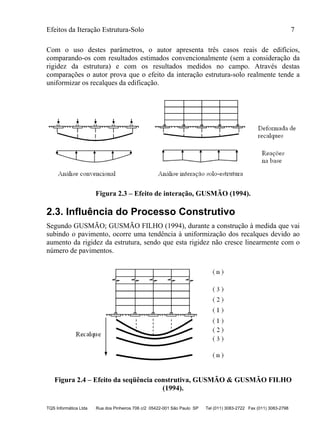 Efeitos da Iteração Estrutura-Solo 7
TQS Informática Ltda Rua dos Pinheiros 706 c/2 05422-001 São Paulo SP Tel (011) 3083-2722 Fax (011) 3083-2798
Com o uso destes parâmetros, o autor apresenta três casos reais de edifícios,
comparando-os com resultados estimados convencionalmente (sem a consideração da
rigidez da estrutura) e com os resultados medidos no campo. Através destas
comparações o autor prova que o efeito da interação estrutura-solo realmente tende a
uniformizar os recalques da edificação.
Figura 2.3 – Efeito de interação, GUSMÃO (1994).
2.3. Influência do Processo Construtivo
Segundo GUSMÃO; GUSMÃO FILHO (1994), durante a construção à medida que vai
subindo o pavimento, ocorre uma tendência à uniformização dos recalques devido ao
aumento da rigidez da estrutura, sendo que esta rigidez não cresce linearmente com o
número de pavimentos.
Figura 2.4 – Efeito da seqüência construtiva, GUSMÃO & GUSMÃO FILHO
(1994).
 