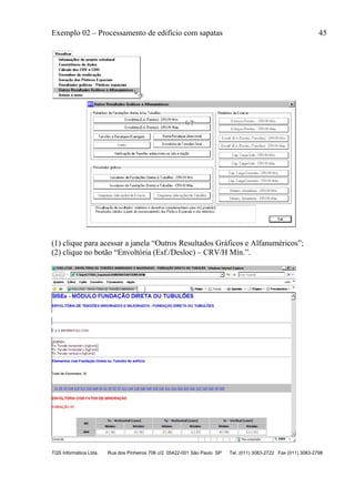 Exemplo 02 – Processamento de edifício com sapatas 45
TQS Informática Ltda. Rua dos Pinheiros 706 c/2 05422-001 São Paulo SP Tel. (011) 3083-2722 Fax (011) 3083-2798
(1) clique para acessar a janela “Outros Resultados Gráficos e Alfanuméricos”;
(2) clique no botão “Envoltória (Esf./Desloc) – CRV/H Mín.”.
 