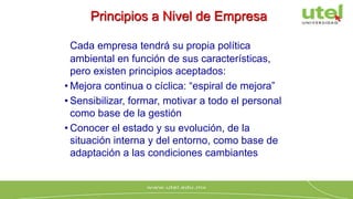 Principios a Nivel de Empresa
Cada empresa tendrá su propia política
ambiental en función de sus características,
pero existen principios aceptados:
• Mejora continua o cíclica: “espiral de mejora”
• Sensibilizar, formar, motivar a todo el personal
como base de la gestión
• Conocer el estado y su evolución, de la
situación interna y del entorno, como base de
adaptación a las condiciones cambiantes
 