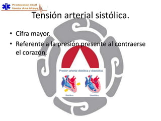Tensión arterial sistólica.
• Cifra mayor.
• Referente a la presión presente al contraerse
el corazón.
 
