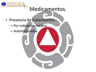 Medicamentos.
• Presencia de tratamientos.
– Por indicación medica
– Automedicados.
 