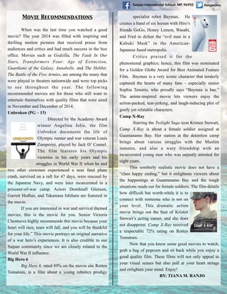 When was the last time you watched a good
movie? The year 2014 was filled with inspiring and
thrilling motion pictures that received praise from
audiences and critics and had much success in the box
office. Movies such as Godzilla, The Fault In Our
Stars, Transformers Four: Age of Extinction,
Guardians of the Galaxy, Annabelle, and The Hobbit:
The Battle of the Five Armies, are among the many that
were played in theaters nationwide and were top picks
to see throughout the year. The following
recommended movies are for those who still want to
entertain themselves with quality films that were aired
in November and December of 2014.
Unbroken (PG – 13)
Directed by the Academy Award
winner Angelina Jolie, the film
Unbroken documents the life of
Olympic runner and war veteran Louis
Zamperini, played by Jack O’ Connel.
The film features his Olympic
victories in his early years and his
struggles in World War II when he and
two other crewmen experienced a near fatal plane
crash, survived on a raft for 47 days, were rescued by
the Japanese Navy, and were later incarcerated in a
prisoner-of-war camp. Actors Domhnall Gleeson,
Garrett Hedlun, and Takamasa Ishihara are featured in
the movie. 
If you are interested in war and survival themed
movies, this is the movie for you. Senior Victoria
Chentsova highly recommends this movie because your
heart will race, tears will fall, and you will be thankful
for your life.” This movie portrays an original narrative
of a war hero’s experiences. It is also credible to our
Saipan community since we are closely related to the
World War II influence.
Big Hero 6
Big Hero 6, rated 89% on the movie site Rotten
Tomatoes, is a film about a young robotics prodigy
#sisgeckosSaipan International School- MP, 96950
Movie Recommendations specialist robot Baymax. He
creates a band of six heroes with Hiro’s
friends GoGo, Honey Lemon, Wasabi,
and Fred to defeat the “evil man in a
Kabuki Mask” in the American-
Japanese fused metropolis.  
Critics praised it for the
phenomenal graphics; hence, this film was nominated
for a Golden Globe Award for Best Animated Feature
Film. Baymax is a very iconic character that tenderly
captured the hearts of many fans – especially senior
Sophia Tenorio, who proudly says “Baymax is bae.”
The anime-inspired movie lets viewers enjoy the
action-packed, tear-jerking, and laugh-inducing plot of
goofy yet relatable characters.
Camp X-Ray
Starring the Twilight Saga icon Kristen Stewart,
Camp X-Ray is about a female soldier assigned at
Guantanamo Bay. Her station at the detention camp
brings about various struggles with the Muslim
inmates, and also a wary friendship with an
incarcerated young man who was unjustly arrested for
eight years.
This somberly realistic movie does not have a
“class happy ending,” but it enlightens viewers about
the happenings at Guantanamo Bay and the tough
situations made out for female soldiers. The film details
how difficult but worth-while it is to
connect with someone who is not on
your level. This dramatic action
movie brings out the best of Kristen
Stewart’s acting career, and she does
not disappoint. Camp X-Ray received
a respectable 72% rating on Rotten
Tomatoes.
Now that you know some good movies to watch,
grab a bag of popcorn and sit back while you enjoy a
good quality film. These films will not only appeal to
your visual senses but also pull at your heart strings
and enlighten your mind. Enjoy!
BY: TIANA M. RANJO
 