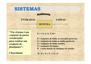SISTEMASSISTEMAS
SISTEMA
ENTRADAS SAÍDAS
"Um sistema é um
SISTEMA
"Um sistema é um
conjunto de partes
coordenadas
S = < E, S, X, T, Θ >
E = conjunto de todas as entradas possíveis,
para realizar um
conjunto de
fi lid d "
E conjunto de todas as entradas possíveis,
S = conjunto de todas as saídas possíveis,
X = conjunto de todos estados,
T = conjunto do tempo,finalidades".
Churchman
T conjunto do tempo,
Θ é uma função de mudança de estado:
Θ : E × X × T → X × SC u c Θ : E × X × T → X × S
 