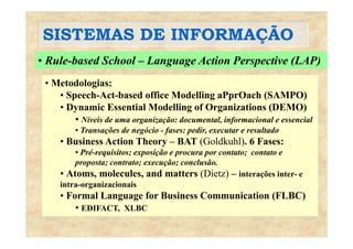 SISTEMAS DE INFORMAÇÃOSISTEMAS DE INFORMAÇÃO
• Rule-based School – Language Action Perspective (LAP)
• Metodologias:
• Speech-Act-based office Modelling aPprOach (SAMPO)• Speech-Act-based office Modelling aPprOach (SAMPO)
• Dynamic Essential Modelling of Organizations (DEMO)
• Níveis de uma organização: documental, informacional e essencial
• Transações de negócio - fases: pedir, executar e resultado
• Business Action Theory – BAT (Goldkuhl). 6 Fases:
• Pré requisitos; exposição e procura por contato; contato e• Pré-requisitos; exposição e procura por contato; contato e
proposta; contrato; execução; conclusão.
• Atoms, molecules, and matters (Dietz) – interações inter- e
intra-organizacionais
• Formal Language for Business Communication (FLBC)
• EDIFACT XLBCEDIFACT, XLBC
 
