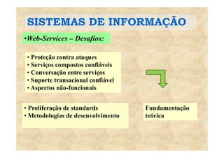 SISTEMAS DE INFORMAÇÃOSISTEMAS DE INFORMAÇÃO
•Web-Services – Desafios:
• Proteção contra ataques
• Serviços compostos confiáveis
• Conversação entre serviços
S t t i l fiá l• Suporte transacional confiável
• Aspectos não-funcionais
• Proliferação de standards
• Metodologias de desenvolvimento
Fundamentação
teórica• Metodologias de desenvolvimento teórica
 