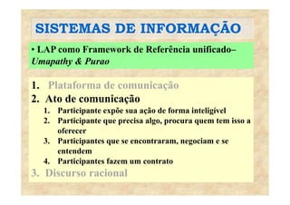 SISTEMAS DE INFORMAÇÃOSISTEMAS DE INFORMAÇÃO
• LAP como Framework de Referência unificado–
Umapathy & Purao
1. Plataforma de comunicação
2. Ato de comunicaçãoç
1. Participante expõe sua ação de forma inteligível
2. Participante que precisa algo, procura quem tem isso a
oferecer
3. Participantes que se encontraram, negociam e se
t dentendem
4. Participantes fazem um contrato
3 Discurso racional3. Discurso racional
 
