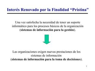 Interés Renovado por la Finalidad “Prístina”

     Una vez satisfecha la necesidad de tener un soporte
  informático para los procesos básicos de la organización
        (sistemas de información para la gestión).




   Las organizaciones exigen nuevas prestaciones de los
                 sistemas de información
 (sistemas de información para la toma de decisiones).

                                                             7
 