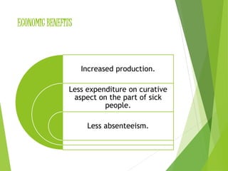 ECONOMIC BENEFITS 
Increased production. 
Less expenditure on curative 
aspect on the part of sick 
people. 
Less absenteeism. 
 