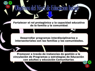 Fortalecer el rol protagónico y la capacidad educativa
de la familia y la comunidad.
Desarrollar programas interdisciplinarios e
intersectoriales con las familias y las comunidades.
Promover a través de instancias de gestión a la
vinculación de Programas y estrategias de Educación
con adultos y educación Comunitarias.
 