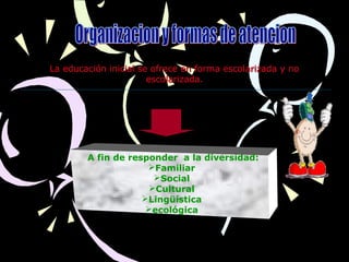 La educación inicial se ofrece en forma escolarizada y noLa educación inicial se ofrece en forma escolarizada y no
escolarizada.escolarizada.
A fin de responder a la diversidad:
Familiar
Social
Cultural
Lingüística
ecológica
 