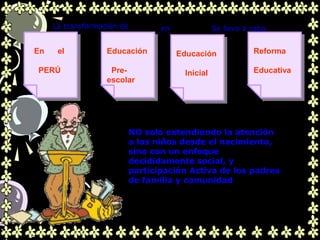 En el
PERÚ
En el
PERÚ
Educación
Pre-
escolar
Educación
Pre-
escolar
Educación
Inicial
Educación
Inicial
Reforma
Educativa
Reforma
Educativa
Se llevo a caboenLa transformación de
.
NO solo extendiendo la atención
a los niños desde el nacimiento,
sino con un enfoque
decididamente social, y
participación Activa de los padres
de familia y comunidad
 