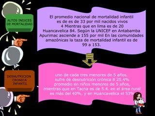 El promedio nacional de mortalidad infantil
es de es de 33 por mil nacidos vivos
4 Mientras que en lima es de 20
Huancavelica 84. Según la UNICEF en Antabamba
Apurimac asciende a 155 por mil En las comunidades
amazónicas la taza de mortalidad infantil es de
99 a 153.
uno de cada tres menores de 5 años,
sufre de desnutrición crónica 8 25.4%
promedio en niños menores de 5 años,
mientras que en Tacna es de 5.4. en el área rural
es más del 40%, y en Huancavelica el 53%
ALTOS INDICES
DE MORTALIDAD
DESNUTRICION
CRONICA
INFANTIL
 