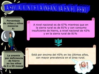 A nivel nacional es de 67% mientras que en
la sierra rural es de 81% y con consumo
insuficiente de hierro, a nivel nacional de 42%
y en la sierra rural de 81%
Está por encima del 45% en los últimos años,
con mayor prevalencia en el área rural.
Porcentaje
de niñas y niños
menores
A:
La anemia
por deficiencia
de hierro
en los niños
de 6 a 59 meses
 