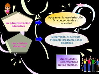 Apoyan en la escolarización
O la detección de su
necesidad
Los centros
docentes
Desarrollan el currículo
Mediante programaciones
didácticas
•Necesidades
•Características
De los alumnos.
•Necesidades
•Características
De los alumnos.
La administración
educativa
 