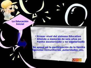 La Educación
Inicial
Primer nivel del sistema Educativo
Atiende a menores de seis años en
Forma escolarizada y no escolarizada
Se apoya en la participación de la familia
Agencias comunitarias ,autoridades ,etc.
 