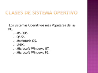 Los Sistemas Operativos más Populares de las
PC.
   .- MS-DOS.
   .- OS/2.
   .- Macintosh OS.
   .- UNIX.
   .- Microsoft Windows NT.
   .- Microsoft Windows 95.
 