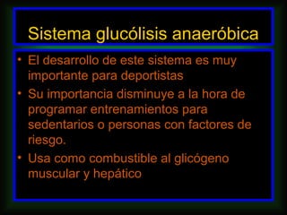 Sistema glucólisis anaeróbica
• El desarrollo de este sistema es muy
  importante para deportistas
• Su importancia disminuye a la hora de
  programar entrenamientos para
  sedentarios o personas con factores de
  riesgo.
• Usa como combustible al glicógeno
  muscular y hepático
 
