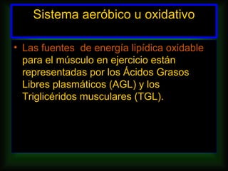 Sistema aeróbico u oxidativo

• Las fuentes de energía lipídica oxidable
  para el músculo en ejercicio están
  representadas por los Ácidos Grasos
  Libres plasmáticos (AGL) y los
  Triglicéridos musculares (TGL).
 