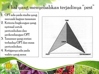 1. OPT ada padastadia yang
merusak bagian tanaman
2. Kriteria lingkungan yang
optimaluntuk
pertumbuhan dan
perkembangan OPT
3. Tanaman yang rentan
terhadap OPT dan masa
pertumbuhan.
4. Ketiganya ada pada
waktu yang sama
4 hal yang menyebabkan terjadinya “pest”
3
 