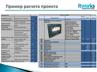 Проект Example
                                                            Кол-
              Наименование                                   во     Цена     Сумма
     Дисплеи                        Описание                        UAH       UAH
     Информационный терминал
     Е350-21R                       Информационный
                                    терминал Е350-21R
                                    Монитор LCD TFT 21,5"
                                    Тип сенсорного экрана
                                    Резистивный
                                    Сканер Z3000
                                    Процессор AMD Dual Core
                                    Обьем ОЗУ 2048Mb
                                    Тип носителя Жесткий
                                    диск от 250Gb
                                    Элементы связи сетевая
                                    карта, опции: (модуль
HW                                  Bluetooth, модуль WiFi) 1,00   7490,00   7490,00
HW   Проектор                                                                  0,00
HW   Плазменный телевизор                                                      0,00
     Крепления
HW   Настенное                                              1,00    800,00   800,00
HW   Настольное                                                    1000,00    0,00
HW   Напольное                                                     1500,00    0,00
HW   Подвесное                                                      800,00    0,00
     Опции
HW   Сканер штрих-кода                                                        0,00
HW   Датчик присутствия                                                       0,00
HW   Вэб-камера                                                               0,00
HW   Считыватель магнитных карт                                               0,00
HW   Считыватель смарт карт                                                   0,00
HW   RFID считыватель                                                         0,00
HW   Термопринтер                                                             0,00
     Серверное оборудование
HW   Индивидуальный расчет          TBD                                       0,00
     Сетевое оборудование
HW   Индивидуальный расчет          TBD                                       0,00
 