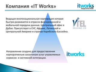 Ведущая многонациональная корпорация которая
быстро развивается в отрасли фиксированной и
мобильной передачи данных. Центральный офис в
Дубае. Присутствует в СНГ, Африке, Латинской и
Центральной Америке и странах Карибского Бассейна.




Направление создано для предоставления
корпоративным заказчикам услуг управляемых
сервисов и системной интеграции.
 