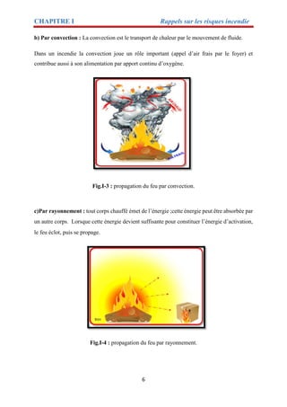 CHAPITRE I Rappels sur les risques incendie
6
b) Par convection : La convection est le transport de chaleur par le mouvement de fluide.
Dans un incendie la convection joue un rôle important (appel d’air frais par le foyer) et
contribue aussi à son alimentation par apport continu d’oxygène.
Fig.I-3 : propagation du feu par convection.
c)Par rayonnement : tout corps chauffé émet de l’énergie ;cette énergie peut être absorbée par
un autre corps. Lorsque cette énergie devient suffisante pour constituer l’énergie d’activation,
le feu éclot, puis se propage.
Fig.I-4 : propagation du feu par rayonnement.
 