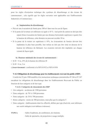 CHAPITRE V Le désenfumage
43
pour les règles d'exécution technique des systèmes de désenfumage et des écrans de
cantonnement ; cela signifie que les règles suivantes sont applicables aux Etablissements
Industriels et Commerciaux :
a) Implantation du désenfumage
• Prévoir une évacuation de fumée pour 300 m² dans tous les cas de figure.
• Si la pente de la toiture est inférieure ou égale à 10 % : tout point du canton ne doit pas être
séparé d'une évacuation de fumée par une distance horizontale supérieure à quatre fois
la hauteur de référence, cette distance ne pouvant excéder 30 m.
• Si la pente de la toiture est supérieure à 10%, les évacuations de fumées doivent être
implantées le plus haut possible, leur milieu ne doit pas être situé en dessous de la
hauteur de référence du bâtiment. Les exutoires doivent être implantés sur chaque
versant de façon égale.
b) Hauteur minimale des écrans de cantonnement :
• Si H = 8 m, 25% de la hauteur de référence H
• Si H > 8 m, 2 m
c)Asservissement : conformité à la NFS 61932 et NFS 61938
V-4-2 Obligations de désenfumage pour les établissements recevant du public (ERP)
L'arrêté du 25 juin 1980 modifié et les instructions techniques ministérielles IT 246 et IT 247
encadrent les obligations de désenfumage dans les Etablissements Recevant du Public en
fonction de leur catégorie et de leur type.
V-4-2-1 Catégories de classements des ERP
• 1ère catégorie : au-dessus de 1500 personnes
• 2ème catégorie : de 701 à 1500 personnes
• 3ème catégorie : de 310 à 700 personnes
• 4èmes catégorie : moins de 300 personnes, mais plus que la catégorie 5
• 5ème catégorie : établissements dont les effectifs, définis par type d'activité, sont inférieurs
aux seuils indiqués (voir tableau ci-dessous).
TYPE L -Salle d’auditions, de conférences, de réunions.
-Salle de spectacles, de projections à usage multiple.
 