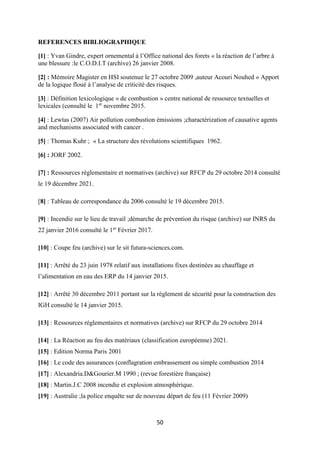 50
REFERENCES BIBLIOGRAPHIQUE
[1] : Yvan Gindre, expert ornemental à l’Office national des forets « la réaction de l’arbre à
une blessure :le C.O.D.I.T (archive) 26 janvier 2008.
[2] : Mémoire Magister en HSI soutenue le 27 octobre 2009 ,auteur Acouri Nouhed « Apport
de la logique floué à l’analyse de criticité des risques.
[3] : Définition lexicologique « de combustion » centre national de ressource textuelles et
lexicales (consulté le 1er
novembre 2015.
[4] : Lewtas (2007) Air pollution combustion émissions ;charactérization of causative agents
and mechanisms associated with cancer .
[5] : Thomas Kuhr ; « La structure des révolutions scientifiques 1962.
[6] : JORF 2002.
[7] : Ressources réglementaire et normatives (archive) sur RFCP du 29 octobre 2014 consulté
le 19 décembre 2021.
[8] : Tableau de correspondance du 2006 consulté le 19 décembre 2015.
[9] : Incendie sur le lieu de travail ;démarche de prévention du risque (archive) sur INRS du
22 janvier 2016 consulté le 1er
Février 2017.
[10] : Coupe feu (archive) sur le sit futura-sciences.com.
[11] : Arrêté du 23 juin 1978 relatif aux installations fixes destinées au chauffage et
l’alimentation en eau des ERP du 14 janvier 2015.
[12] : Arrêté 30 décembre 2011 portant sur la règlement de sécurité pour la construction des
IGH consulté le 14 janvier 2015.
[13] : Ressources réglementaires et normatives (archive) sur RFCP du 29 octobre 2014
[14] : La Réaction au feu des matériaux (classification européenne) 2021.
[15] : Edition Norma Paris 2001
[16] : Le code des assurances (conflagration embrassement ou simple combustion 2014
[17] : Alexandria.D&Gourier.M 1990 ; (revue forestière française)
[18] : Martin.J.C 2008 incendie et explosion atmosphérique.
[19] : Australie ;la police enquête sur de nouveau départ de feu (11 Février 2009)
 
