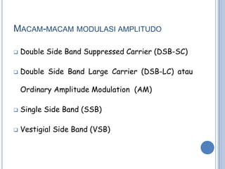 MACAM-MACAM MODULASI AMPLITUDO

   Double Side Band Suppressed Carrier (DSB-SC)

   Double Side Band Large Carrier (DSB-LC) atau

    Ordinary Amplitude Modulation (AM)

   Single Side Band (SSB)

   Vestigial Side Band (VSB)
 