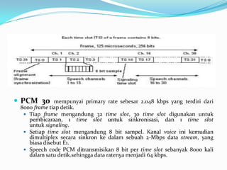  PCM 30      mempunyai primary rate sebesar 2.048 kbps yang terdiri dari
 8000 frame tiap detik.
   Tiap frame mengandung 32 time slot, 30 time slot digunakan untuk
    pembicaraan, 1 time slot untuk sinkronisasi, dan 1 time slot
    untuk signaling.
   Setiap time slot mengandung 8 bit sampel. Kanal voice ini kemudian
    dimultiplex secara sinkron ke dalam sebuah 2-Mbps data stream, yang
    biasa disebut E1.
   Speech code PCM ditransmisikan 8 bit per time slot sebanyak 8000 kali
    dalam satu detik.sehingga data ratenya menjadi 64 kbps.
 