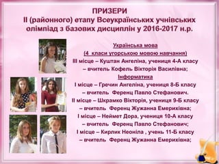 Українська мова
(4 класи угорською мовою навчання)
ІІІ місце – Куштан Ангеліна, учениця 4-А класу
– вчитель Кофель Вікторія Василівна;
Інформатика
І місце – Гречин Ангеліна, учениця 8-Б класу
– вчитель Ференц Павло Стефанович.
ІІ місце – Шкрамко Вікторія, учениця 9-Б класу
– вчитель Ференц Жужанна Емерихівна;
І місце – Неймет Дора, учениця 10-А класу
– вчитель Ференц Павло Стефанович;
І місце – Кирлик Неоніла , учень 11-Б класу
– вчитель Ференц Жужанна Емерихівна;
 
