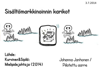 3.7.2014
Sisältömarkkinoinnin karikot
Lähde:
Kurvinen&Sipilä:
Mielipidejohtaja (2014)
Johanna Janhonen /
Piilotettu aarre
 
