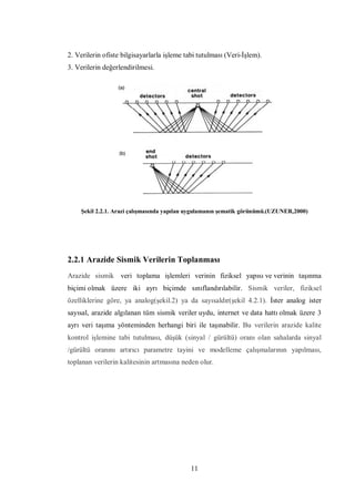 2. Verilerin ofiste bilgisayarlarla işleme tabi tutulması (Veri-İşlem).
3. Verilerin değerlendirilmesi.




    Şekil 2.2.1. Arazi çalışmasında yapılan uygulamanın şematik görünümü.(UZUNER,2000)




2.2.1 Arazide Sismik Verilerin Toplanması
Arazide sismik veri toplama işlemleri verinin fiziksel yapısı ve verinin taşınma
biçimi olmak üzere iki ayrı biçimde sınıflandırılabilir. Sismik veriler, fiziksel
özelliklerine göre, ya analog(şekil.2) ya da sayısaldır(şekil 4.2.1). İster analog ister
sayısal, arazide algılanan tüm sismik veriler uydu, internet ve data hattı olmak üzere 3
ayrı veri taşıma yönteminden herhangi biri ile taşınabilir. Bu verilerin arazide kalite
kontrol işlemine tabi tutulması, düşük (sinyal / gürültü) oranı olan sahalarda sinyal
/gürültü oranını artırıcı parametre tayini ve modelleme çalışmalarının yapılması,
toplanan verilerin kalitesinin artmasına neden olur.




                                             11
 