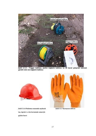 Şekil 3.1.5 : Trigger kablosu, jeofon bağlantı kablosu ve 48 kanal çalışmak istersek
gerekli olan ara bağlantı kablosu




Şekil 3.1.6 Patlatma esnasında saçılacak        Şekil 3.1.7 Koruyucu eldiven

taş, toprak vs. den korunmak amacıyla

giyilen baret




                                           17
 