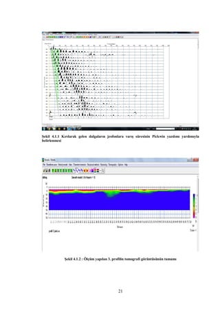 Şekil 4.1.1 Kırılarak gelen dalgaların jeofonlara varış süresinin Pickwin yazılımı yardımıyla
belirlenmesi




             Şekil 4.1.2 : Ölçüm yapılan 3. profilin tomografi görüntüsünün tamamı




                                              21
 