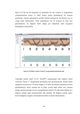 Şekil 4.2.32’de her iki programın da görüntüleri alt alta verilmiş ve programların
çözümlemelerinin benzer ve farklı yönleri gözlen görülebilecek bir konuma
getirilmiştir. Yapılan çalışmada bu profilde bulunan herhangi bir fay düzlemi veya su
varlığı tespit edilememiştir. Fakat kullandığımız her iki program da bunu bize
göstermektedir, hız değerleri farklı olduğu için tabakalarda farklı kayaçların
bulunduğunu söyleyebiliriz.




             Şekil 4.2.33 Eldeki verilerin “Surfer 8” programında haritalanmış hali




Yukarıdaki şekilde (şekil 4.2.33) “SeisOPT” programından elde ettiğimiz model
verilerinin “Surfer 8 “ programında haritalanmış hali gösterilmektedir. Burada ölçüm
yaptığımız arazinin boyu 710 metre olduğu ve 35 metre derinlikteki yapılaşmayı kısmen
görebilmekteyiz. Kesin sonuçlar her ne kadar yoruma bağlı olsada yani yorumun
düzgün yapılmasına bağlı olsa da, tomografilerden (şekil4.2.32) elde edilen bilgiler ile o
bölgenin jeolojik yapısı karşılaştırılarak elde edilebilir. Bir bölgenin jeolojik yapısı,
bizim bulduğumuz olguları neticelendirmemizdeki en önemli etkenlerdendir.




                                              44
 