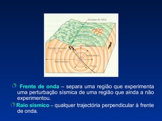 Frente de onda  – separa uma região que experimenta uma perturbação sísmica de uma região que ainda a não experimentou.  Raio sísmico  –  qualquer trajectória perpendicular à frente de onda. 