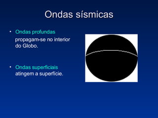 Ondas sísmicas Ondas profundas propagam-se no interior do Globo. Ondas superficiais  atingem a superfície. 